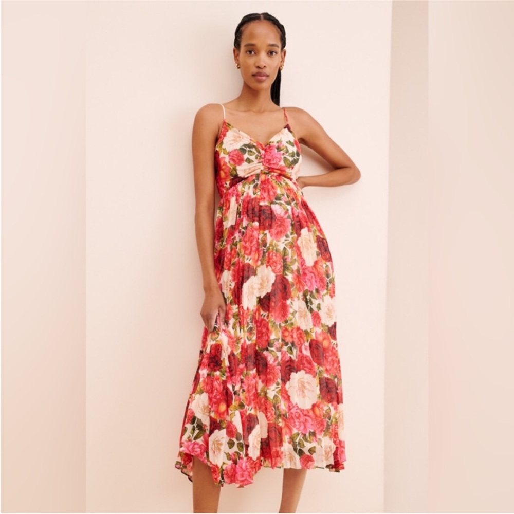 Anthropologie Moon River Red and Pink Floral Midi Dress